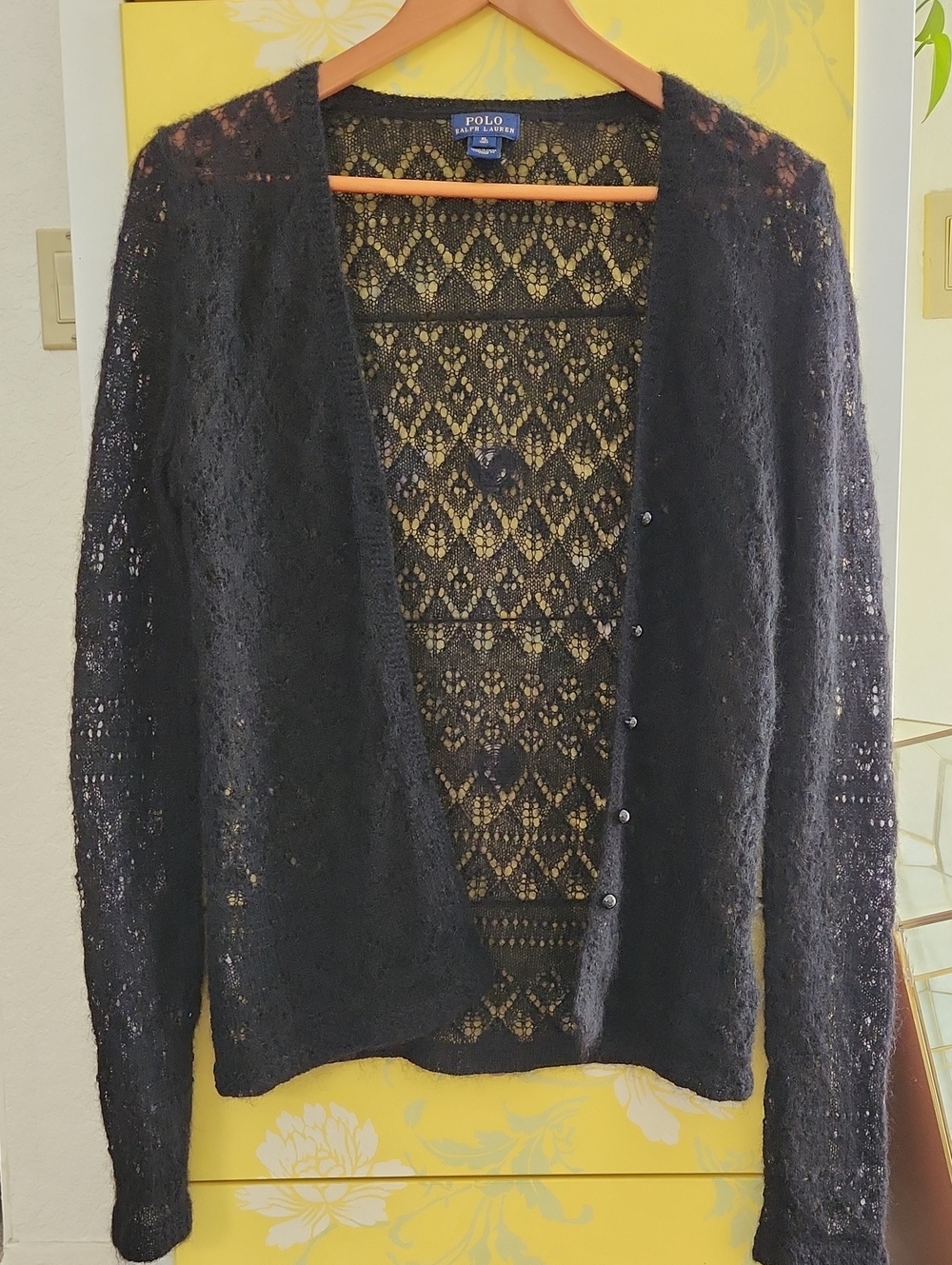 Girls Polo by Ralph Lauren Mohair & Wool Black Lace-Openwork Button Cardigan